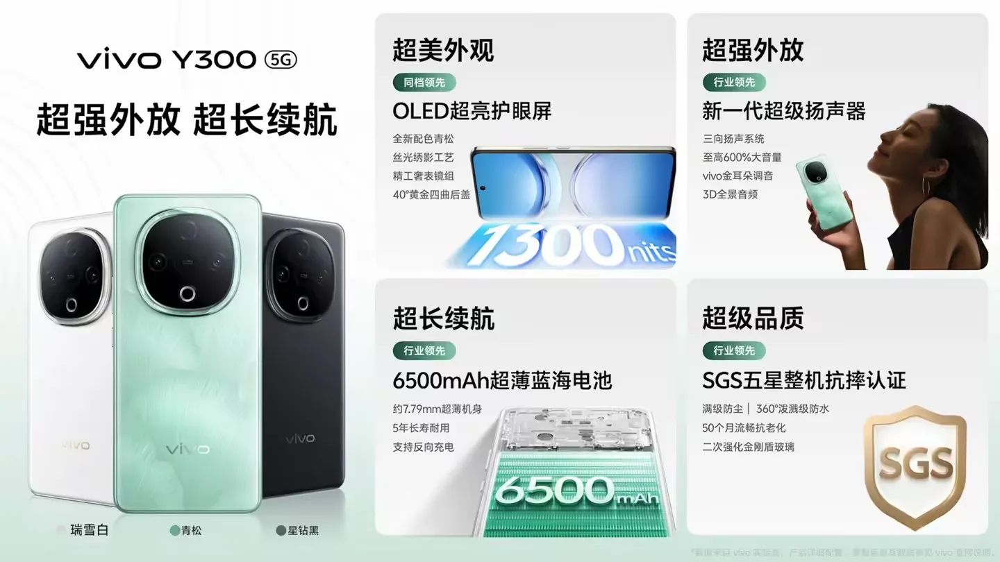 vivo Y300 手机 8+256 版本限量开售:天玑 6300、后置扬声器设计,首发 1499 元